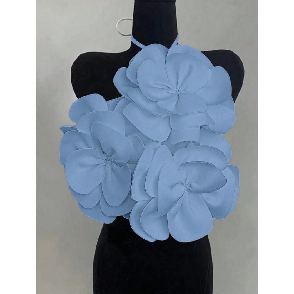 Blue 3D Dramatic Oversized Floral Petal Bust Couture Halter Statement Top L